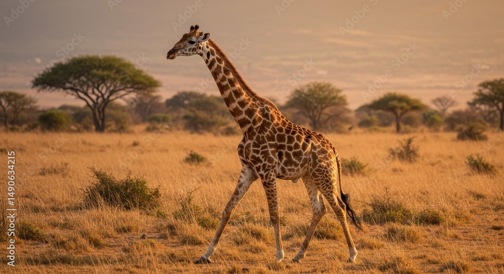 Obraz premium Elegant Giraffe Stride in Golden Savanna - A graceful giraffe walks across the African savanna at sunset. Symbolism: freedom, elegance, wildlife, nature, serenity