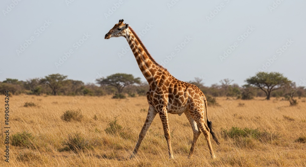 Fototapeta premium Elegant Giraffe Stride in Wild Savannah - A graceful giraffe walks across golden savanna grasslands, symbolizing freedom, elegance, nature, wildlife, and Africa