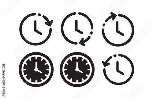 Clock icon set. timer, alarm, schedule, hourglass, clock icons, speed, restore, management, calendar, watch thin line symbols, Victor illustration Eps 10