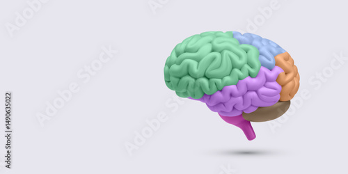 Brain In 3D Color Segments Representing Cognitive Function, Learning, And Mental Health Concept. Vector Illustration