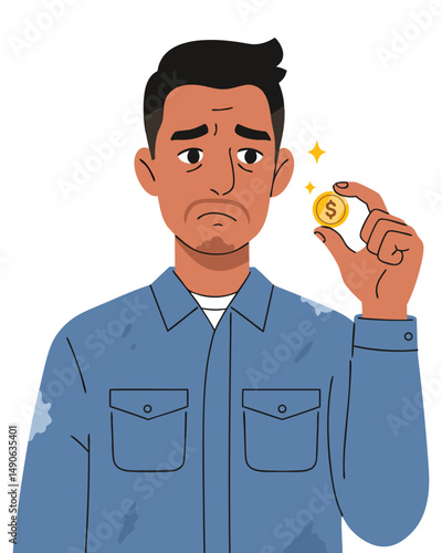 Worried Man in Worn Shirt Holding Single Gold Coin with a Sad Expression on His Face
