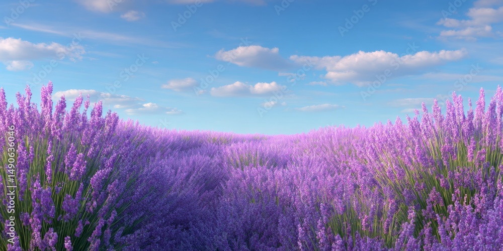 Fototapeta premium Beautiful expansive field of vibrant purple lavender flowers under a bright blue sky with fluffy clouds in peaceful rural setting