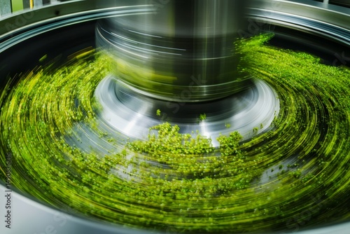 Centrifugal separator in motion extracts lipid-rich biomass with chlorophyll fluorescence under variable light, microalgae patterns on stainless steel surface