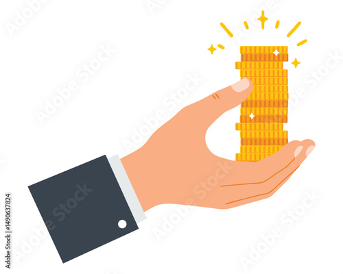 Hand in Suit Holding Stack of Sparkling Gold Coins with Stars and Investment Concept