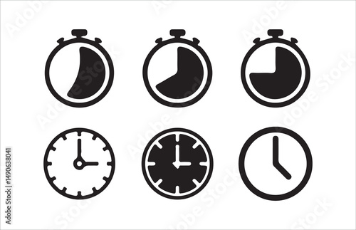 Clock icon set. timer, alarm, schedule, hourglass, clock icons, speed, restore, management, calendar, watch thin line symbols, Victor illustration Eps 10