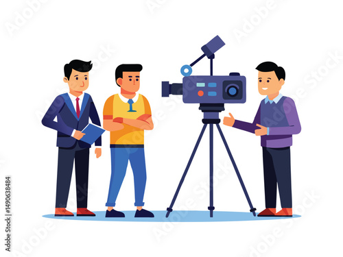 Professional video interview setup with cameraman and two interviewees
