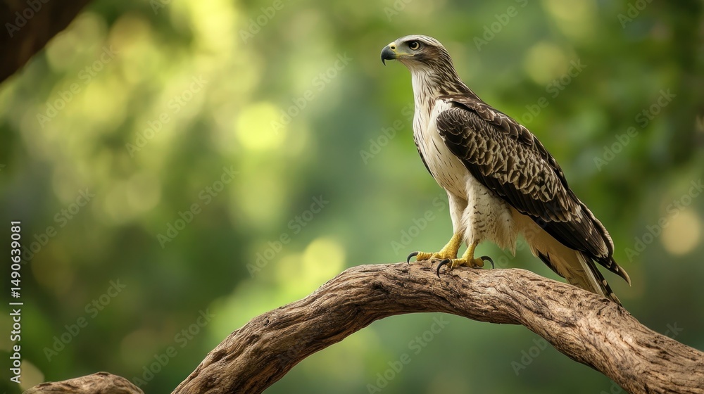 A Javan Hawk Eagle stands on a twisting tree branch, staring into the distance, background wallpaper AI generated image A Javan Hawk Eagle stands on a twisting tree branch, staring into the distance, background wallpaper AI generated image