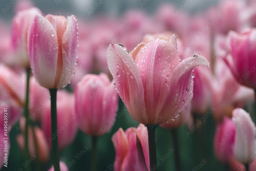 Fototapeta premium Dewy Pink Tulips in a Blooming Field Under Soft Morning Light, Nature's Beauty Captured in Fresh Floral Display