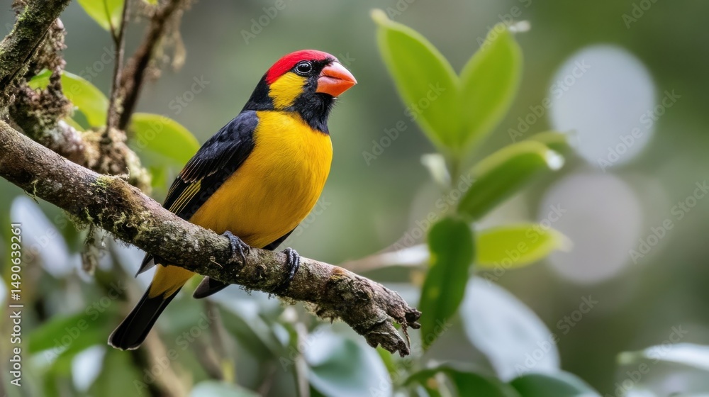 Obraz premium Beautiful bird Grosbeak among the branches of a tropical tree, background wallpaper AI generated image
