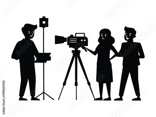 Film crew silhouette video production team shooting a scene with camera and lighting equipment
