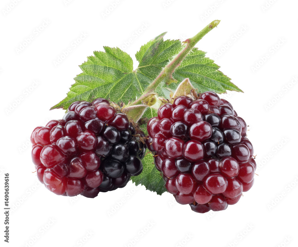 Fototapeta premium Fresh blackberries with green leaves for healthy snacks, cut out transparent