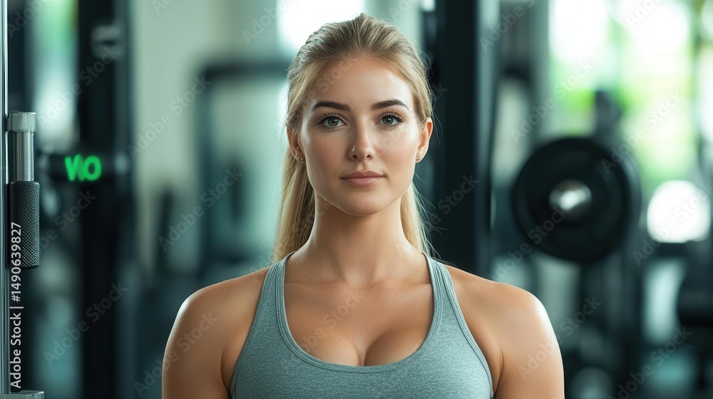 Obraz premium Blonde female focused on strength training at the cable machine