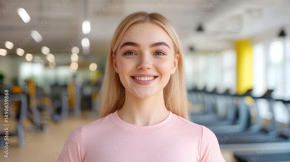 Blonde girl smiling post-workout in a bright gym interior Blonde girl smiling post-workout in a bright gym interior
