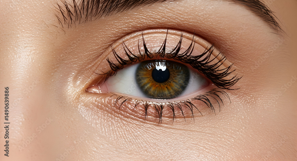 Fototapeta premium Close up of a womans beautiful eye hazel iris long lashes makeup cosmetics beauty skincare eye care vision ophthalmology
