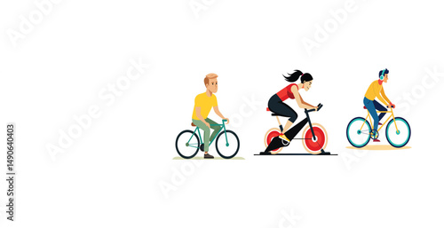 Diverse people enjoying active lifestyles riding bikes and stationary bikes

