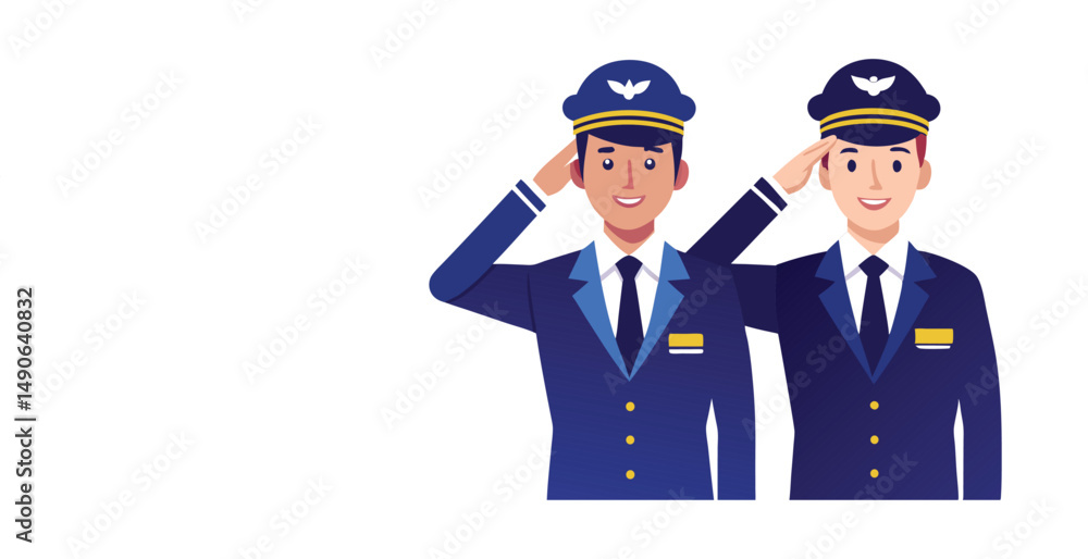 Two smiling pilots in uniform giving a military salute
Two smiling pilots in uniform giving a military salute