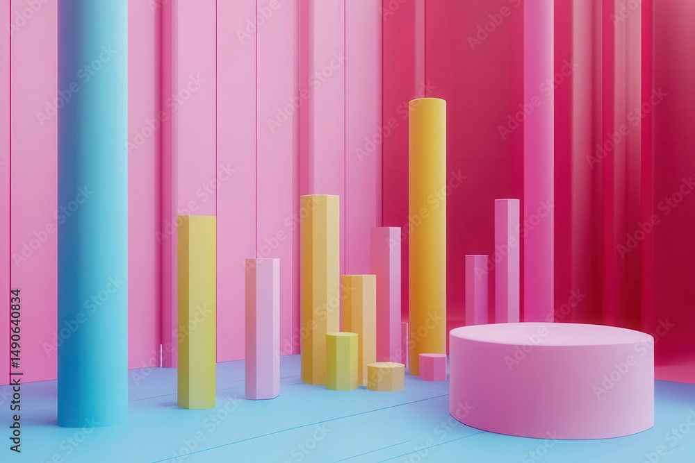 Fototapeta premium Abstract pastel pink yellow and blue cylinders background for product display