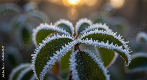 Wallpaper Mural Frozen Leaves Glistening in Sunrise - Close-up view of frost-covered leaves, symbolizing winter, nature, serenity, fragility, and the beauty of cold weather Torontodigital.ca