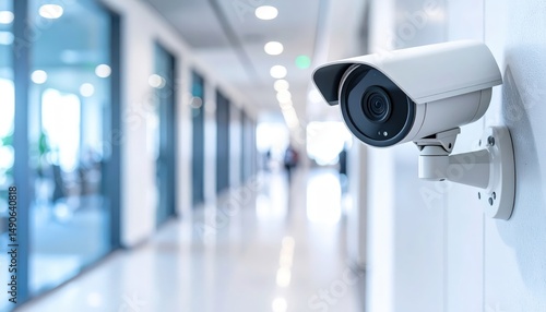 Surveillance Camera: A close-up view of a modern surveillance camera mounted on a wall, overlooking a clean office hallway, conveying safety and security.