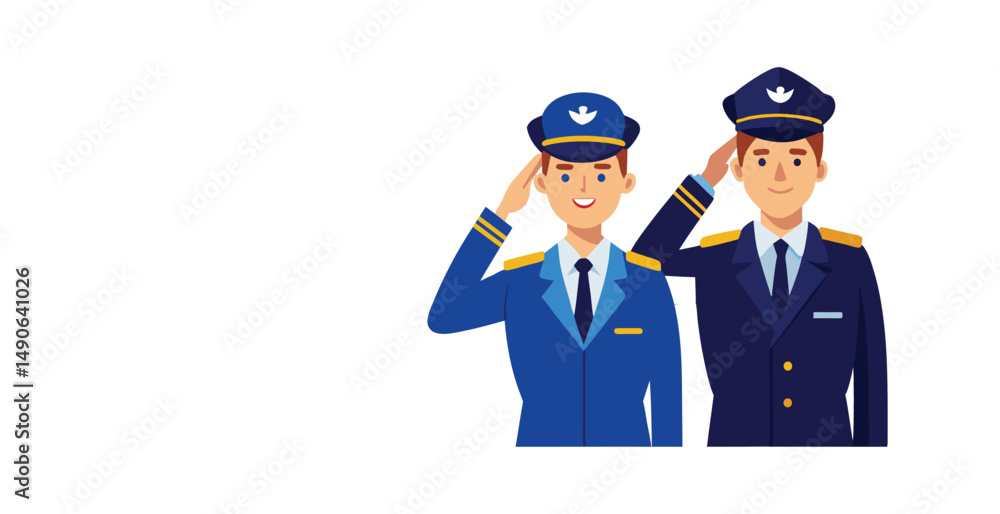 Two male pilots in uniform saluting a respectful gesture in aviation
Two male pilots in uniform saluting a respectful gesture in aviation