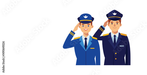 Two male pilots in uniform saluting a respectful gesture in aviation
