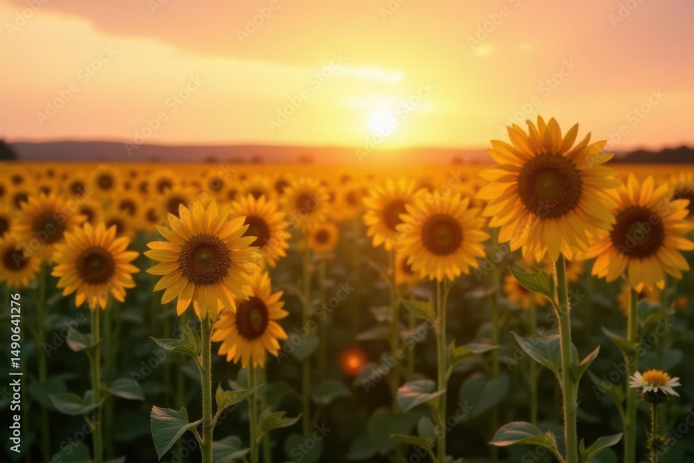 Obraz premium Golden hour sunbeams illuminate a vibrant field of sunflowers, their faces turned towards the setting sun, creating a breathtaking natural spectacle