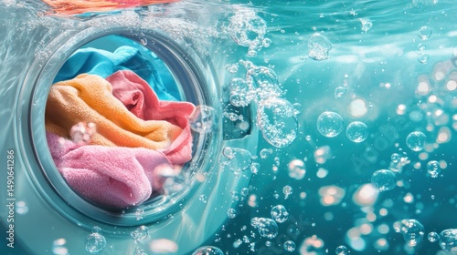Clothes washing machine underwater. Colorful laundry in a washing machine's drum, surrounded by water bubbles