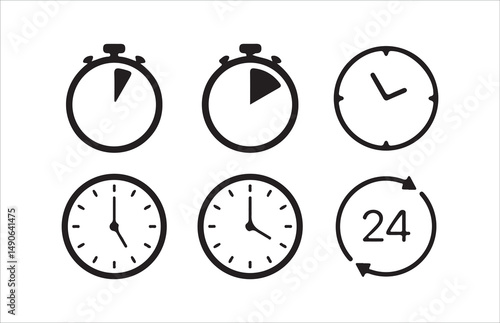 Clock icon set. timer, alarm, schedule, hourglass, clock icons, speed, restore, management, calendar, watch thin line symbols, Victor illustration Eps 10