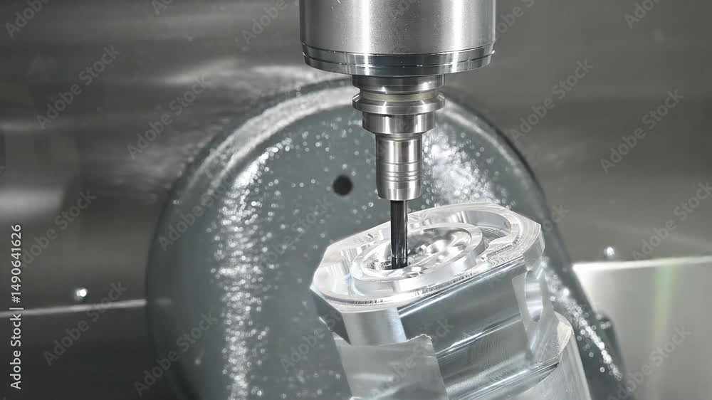 Slow motion scene the 5 -axis CNC milling machine cutting the automotive parts with flat nose end mill tool. Slow motion scene the 5 -axis CNC milling machine cutting the automotive parts with flat nose end mill tool.
