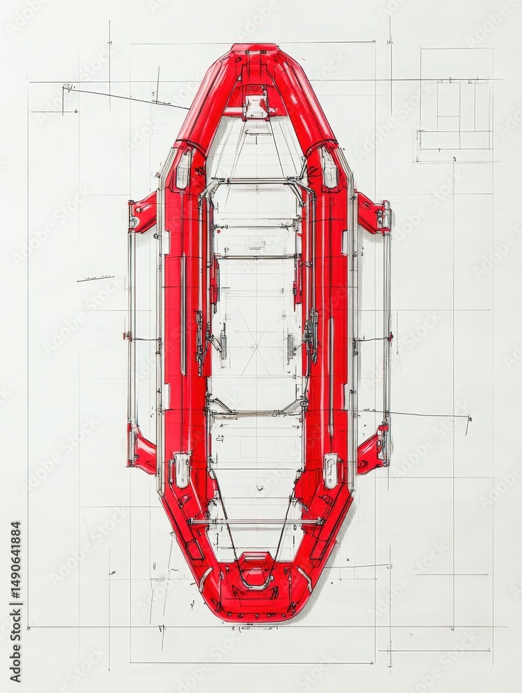 Obraz premium Detailed architectural blueprint of a futuristic red vessel design with measurements