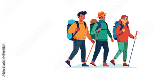 Three hikers walking together on a mountain trail with backpacks and trekking poles
