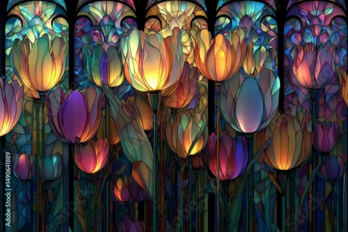 Vibrant Stained Glass Art with Colorful Tulips Illuminated by Natural Light in an Elegant Botanical Setting