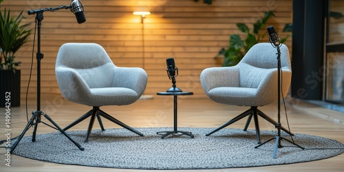 Two comfy chairs and microphones in a modern podcast interview setting Stock photo