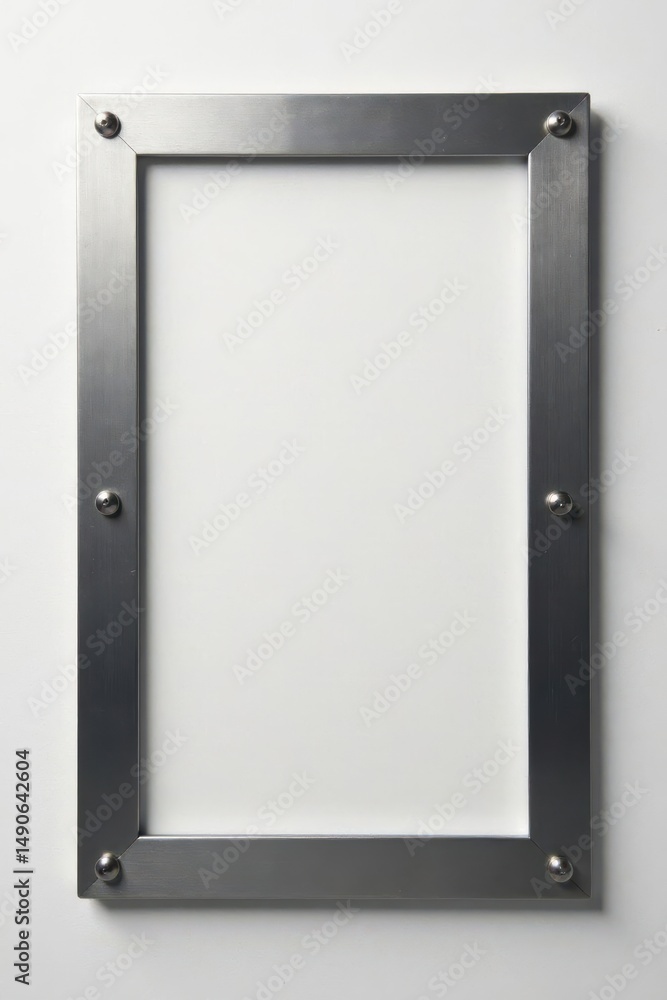 A minimalist brushed metal frame with subtle rivets, ideal for displaying artwork or announcements in a modern interior design setting. A minimalist brushed metal frame with subtle rivets, ideal for displaying artwork or announcements in a modern interior design setting.
