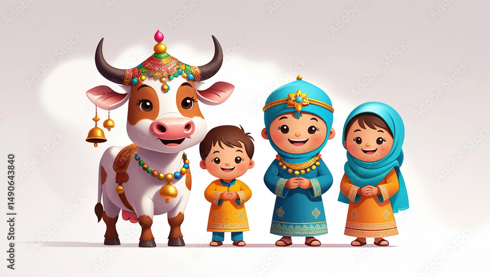 Fototapeta premium Cute Cartoon Ox with Colorful Ornaments: Playful and Vibrant Illustration