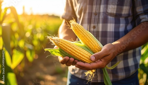 Harvest Bounty: A farmer's weathered hands cradle freshly harvested corn, bathed in the warm glow of sunlight in a field of abundance.