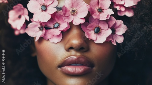 Close-up of woman with flowers over eyes