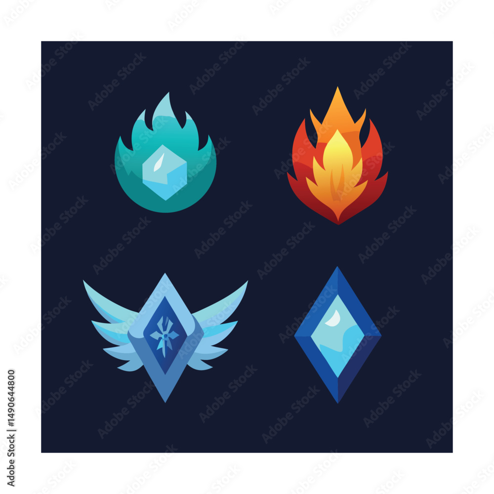 Elemental Game Badges Set Featuring Fire Ice and Earth Elemental Game Badges Set Featuring Fire Ice and Earth