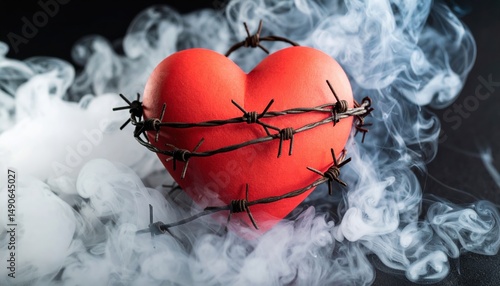 A red heart entangled in barbed wire amidst swirling smoke a poignant symbol of heartbreak and confinement
