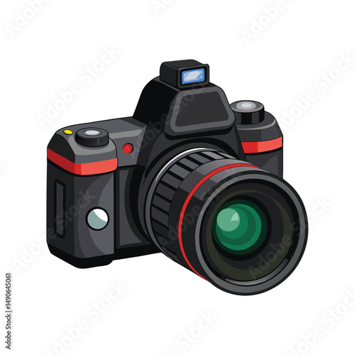 Black DSLR Camera Flat Icon with Zoom Lens Design