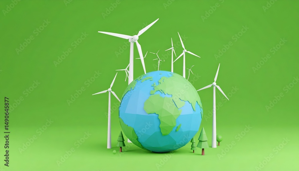 Naklejka premium Sustainable Energy Concept Low Poly Earth Globe Surrounded by Wind Turbines and Trees on Green Background
