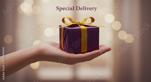 Hand holding a purple gift box with gold ribbon against bokeh lights