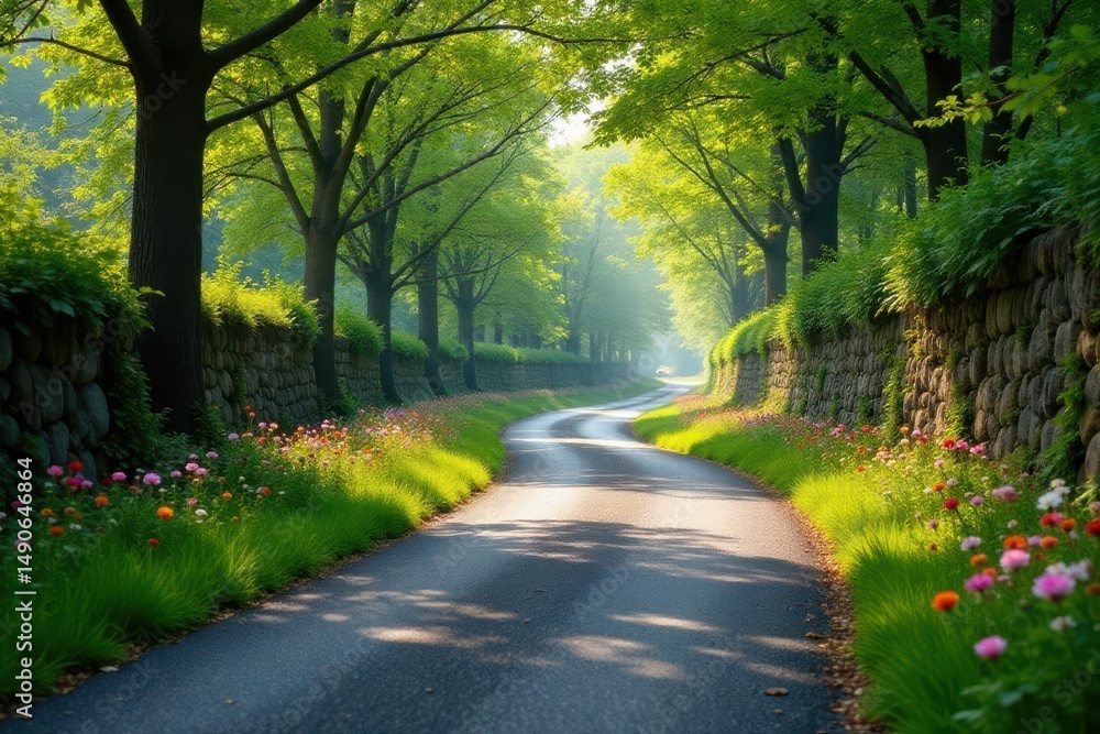 Obraz premium Serene Winding Roadway Lined with Lush Greenery and Stone Walls, Bathed in Sunlight