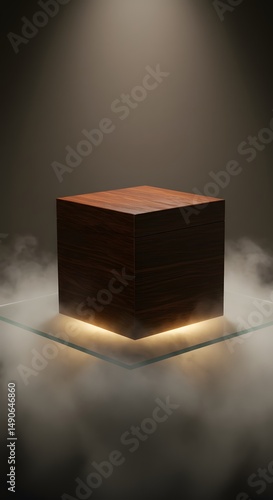 A cube made of wood sitting on a glass surface surrounded by fog light