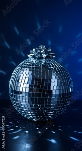 A disco ball with a silver bow on top casting light on a dark surface