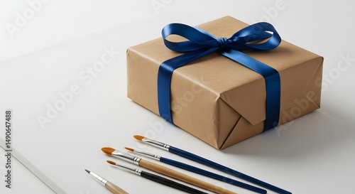 A wrapped present with blue ribbon and paintbrushes on a white surface