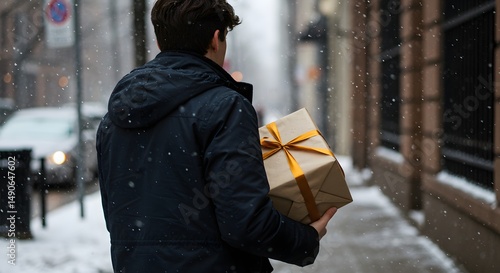 Man walking in snow carrying gift wrapped with gold ribbon in winter day
