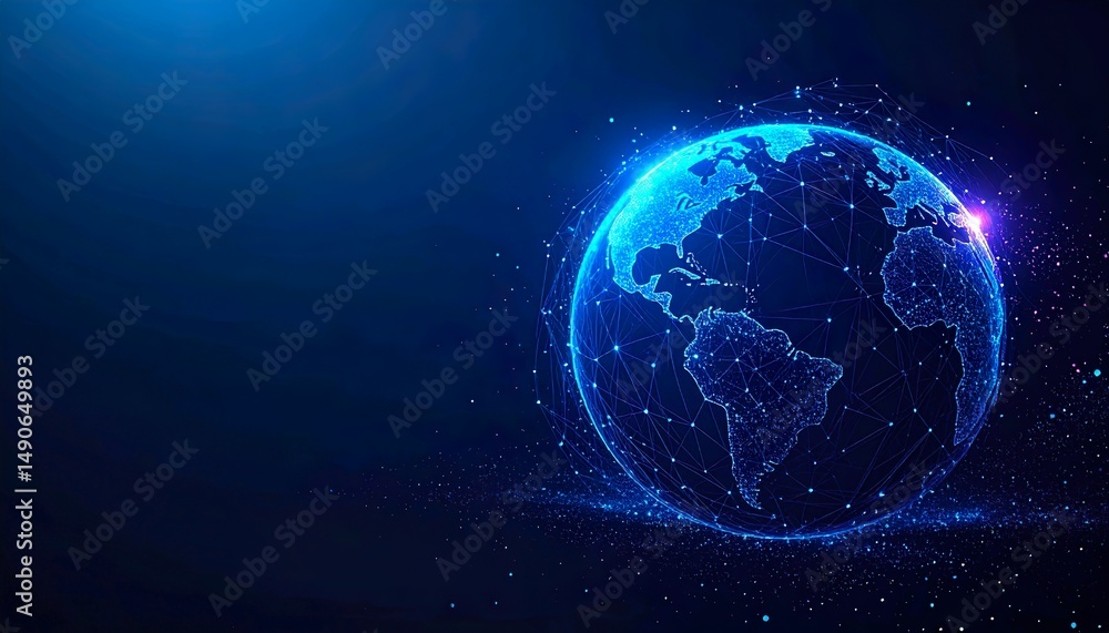 Obraz premium Futuristic Polygonal Wireframe Globe with Glowing Neon Light and Holographic Aura on Dark Background