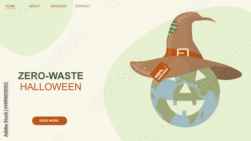 Zero-Waste Halloween concept. Eco-friendly Halloween featuring Earth wearing a sustainable witch hat with 100% biodegradable tag, promoting environmental consciousness. Flat style. Vector illustration