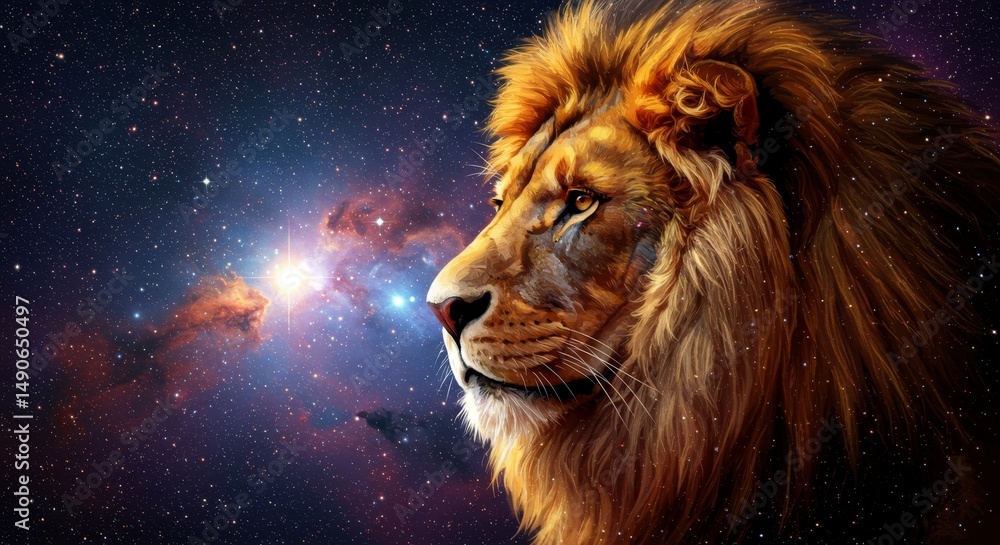 Naklejka premium Majestic Lion Against Cosmic Nebula - A regal lion's profile is set against a vibrant backdrop of a cosmic nebula, stars, and celestial energy